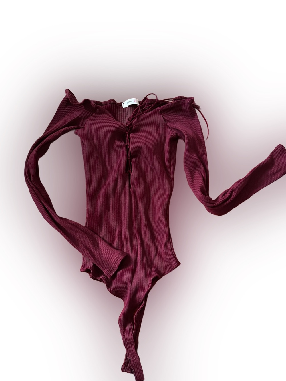 Better Be Ribbed Lace-Up Long Sleeve Bodysuit - Burgundy Wine